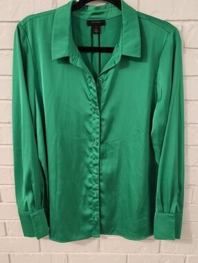 Halogen Womens Green Satin Button-Up Shirt SIZE 1
